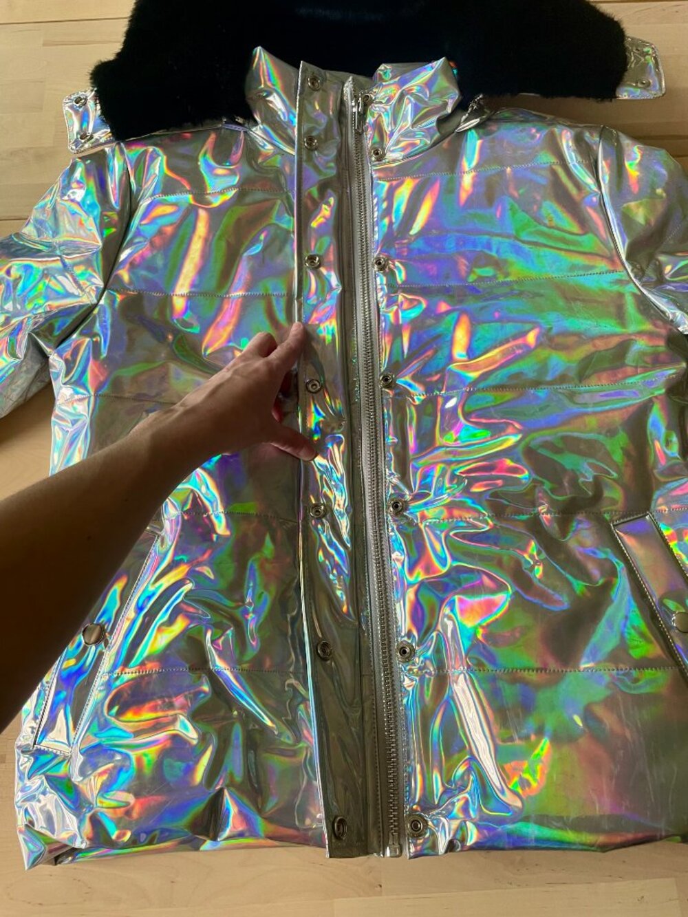 Dolls Kill Club EXX Women's Iridescent Puffer Jacket w/ Horned Hood size SM NWOT - Picture 6 of 13